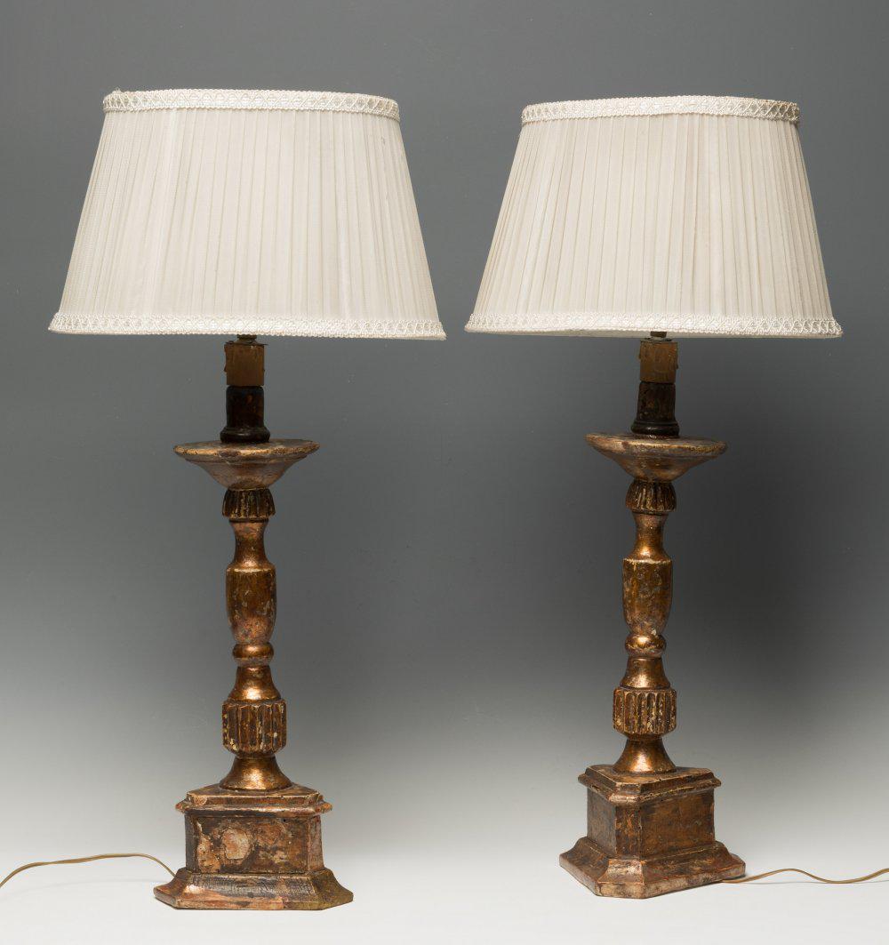Pair of baroque style lamps, late 19th - early 20th century.  Carved, polychromed and gilded wood. (1 of 3)
