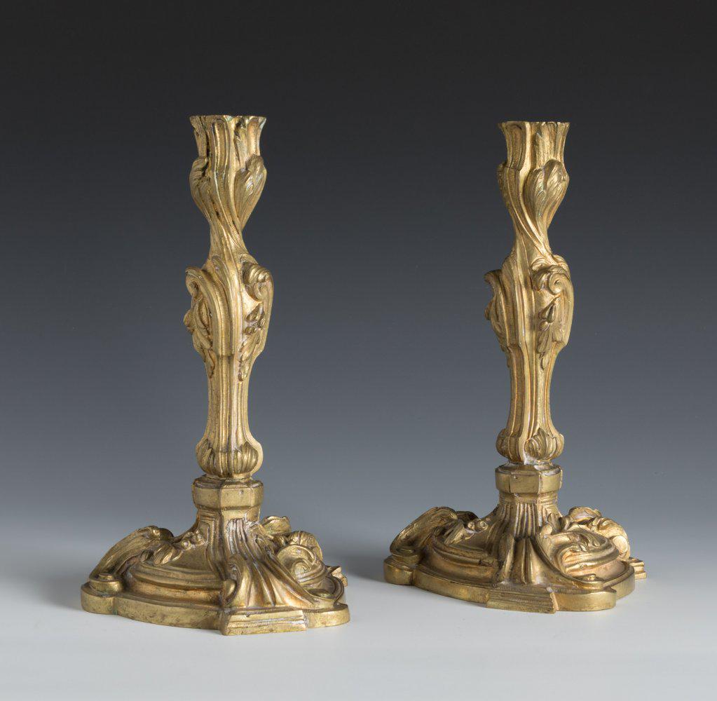 Pair of Louis XV style candlesticks. France, ca. 1870.  Gilded bronze. (1 of 4)