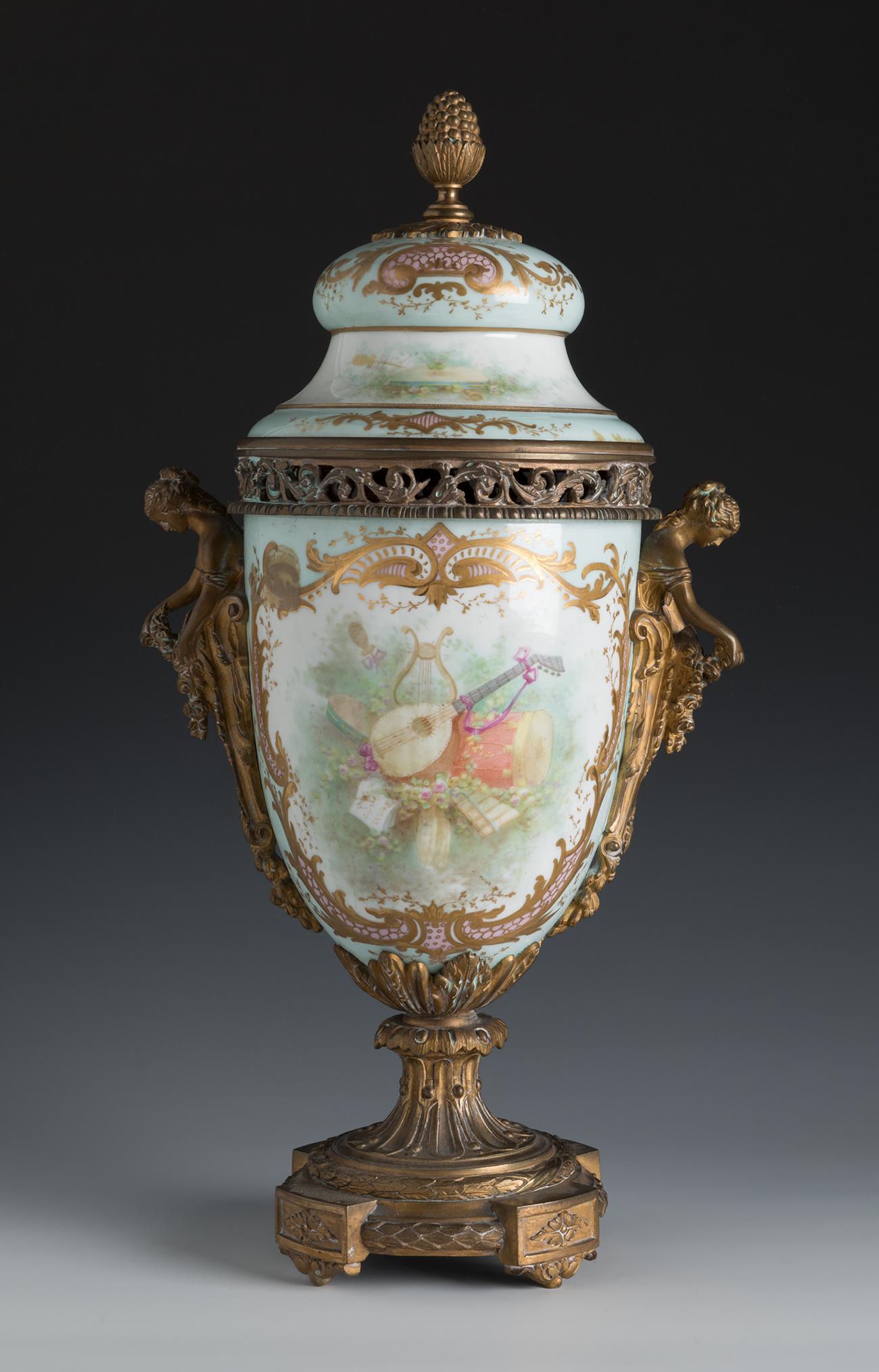 Vase of SÃ¨vres. France, XVIII century.  Hand painted porcelain and gilt bronze mount. With stamp on (1 of 5)