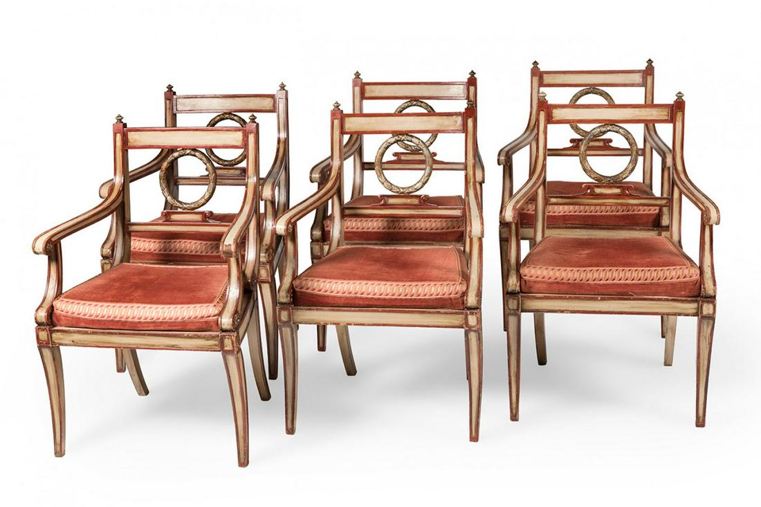 Empire style stalls. France, 19th century.  Carved, polychromed and gilded wood.  Upholstered seats. (1 of 5)