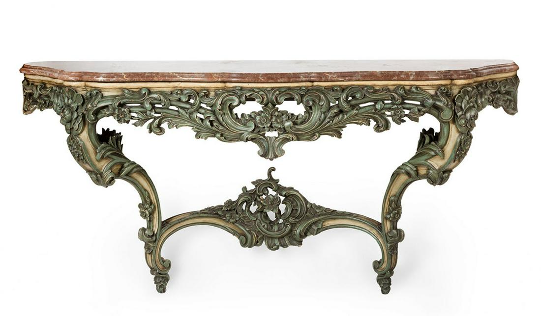 Baroque style wall console, 19th century. Carved and polychrome wood. Marble veining on the top. It (1 of 7)