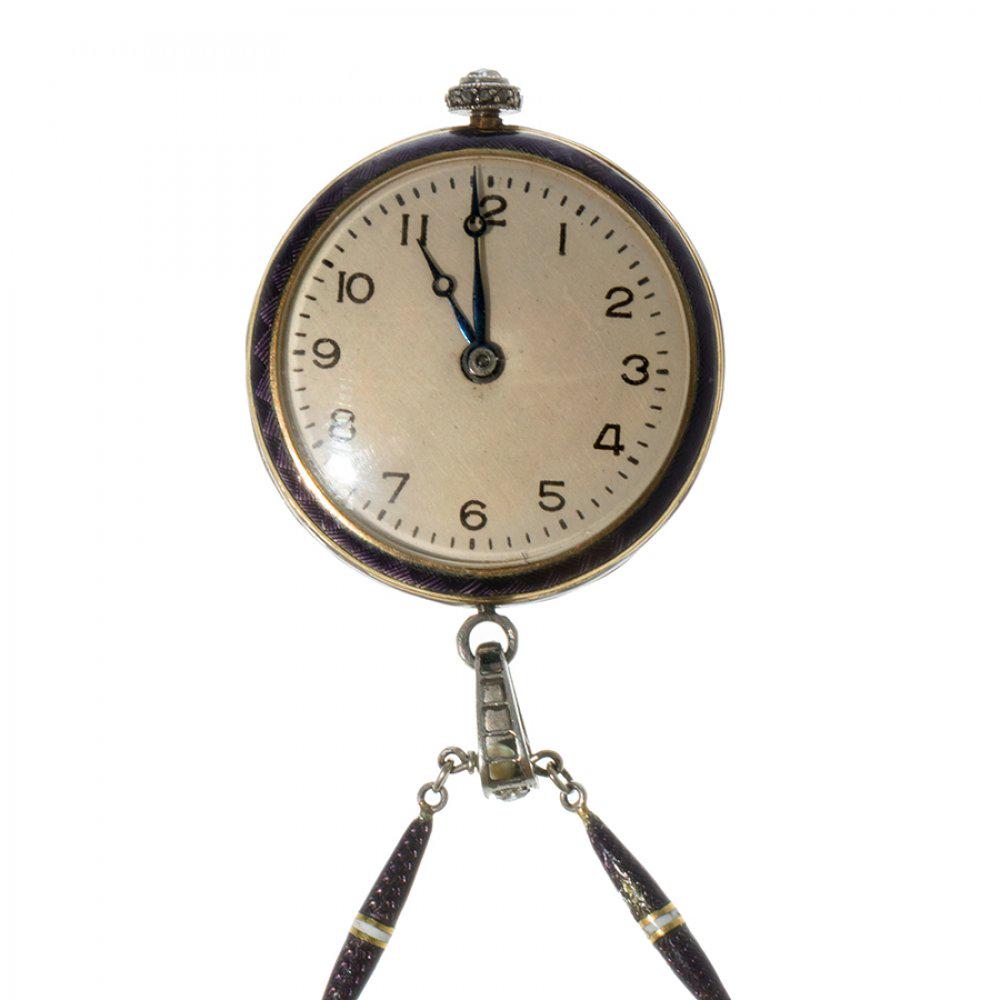 Women's pendant watch. Art Deco period. GuillochÃ© enamel. Rock-cut diamonds and pearls. White dial, (1 of 4)