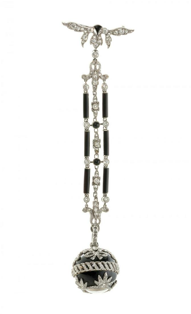 Jewellery watch, brooch with pin.  Pin composed of three bodies, loop, falls and watch, onyx dial, (1 of 4)