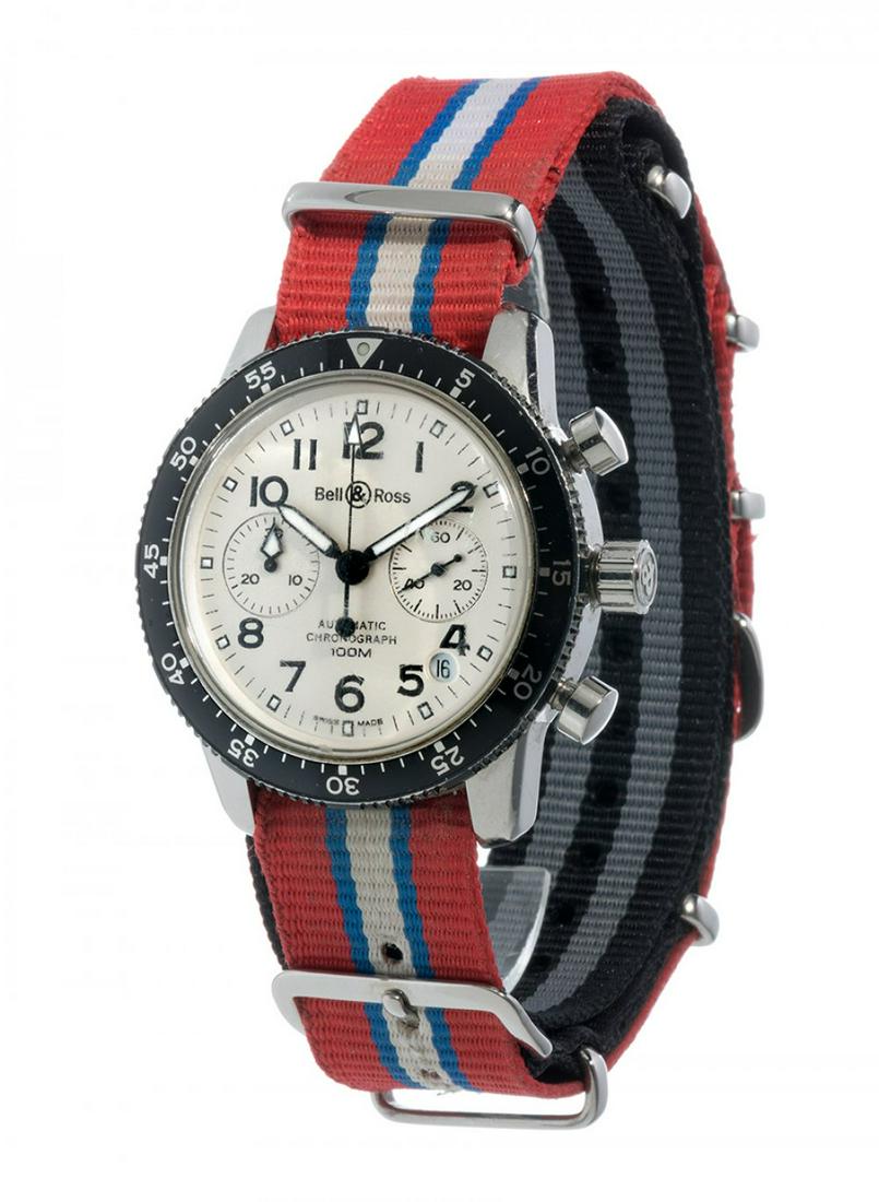 BELL & ROSS men's watch. White dial, Arabic numerals, calendar window between 4 and 5 o'clock, sword (1 of 3)