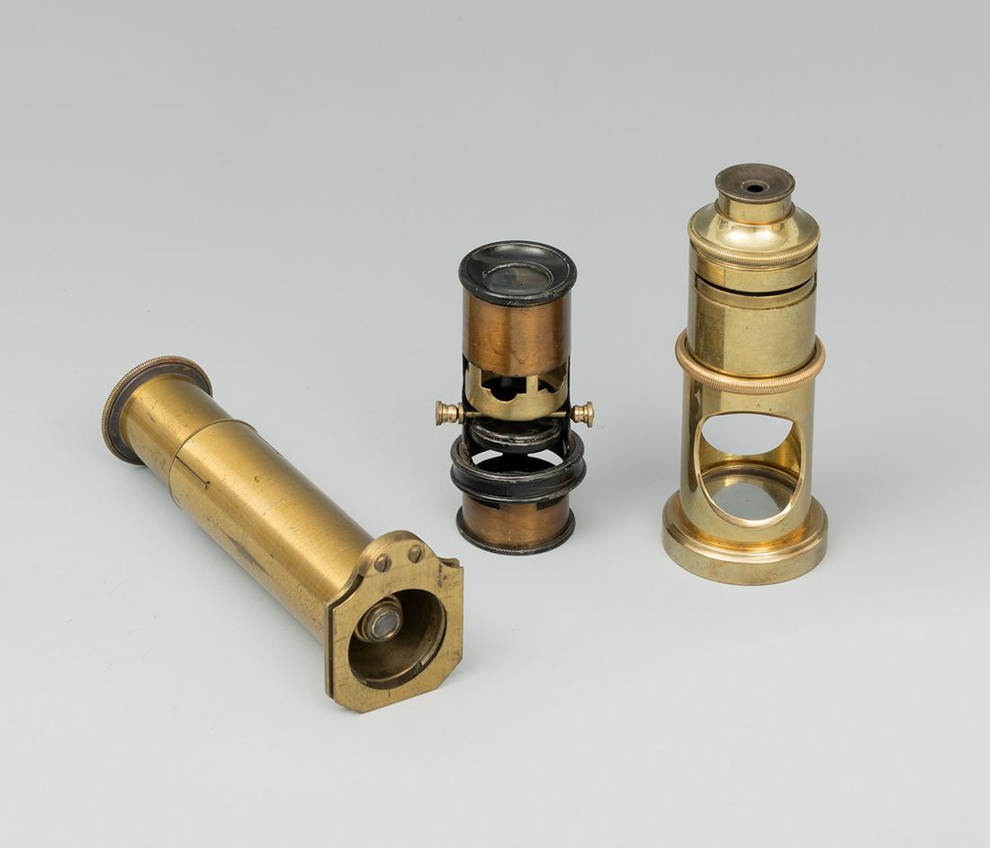 Set of three microscopes; XIX century. Gilt bronze and brass. (1 of 2)