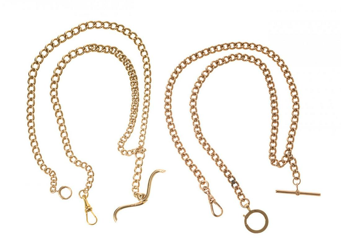 Two 14kt yellow gold watch fob chains. The fob is a dangling chain to hold the pocket watch, it can: Two 14kt yellow gold watch fob chains. The fob is a dangling chain to hold the pocket watch, it can hang outside the belt or fall a little bit downwards. Weight: 47,2 and 39,8 g. Measurements: 52 and