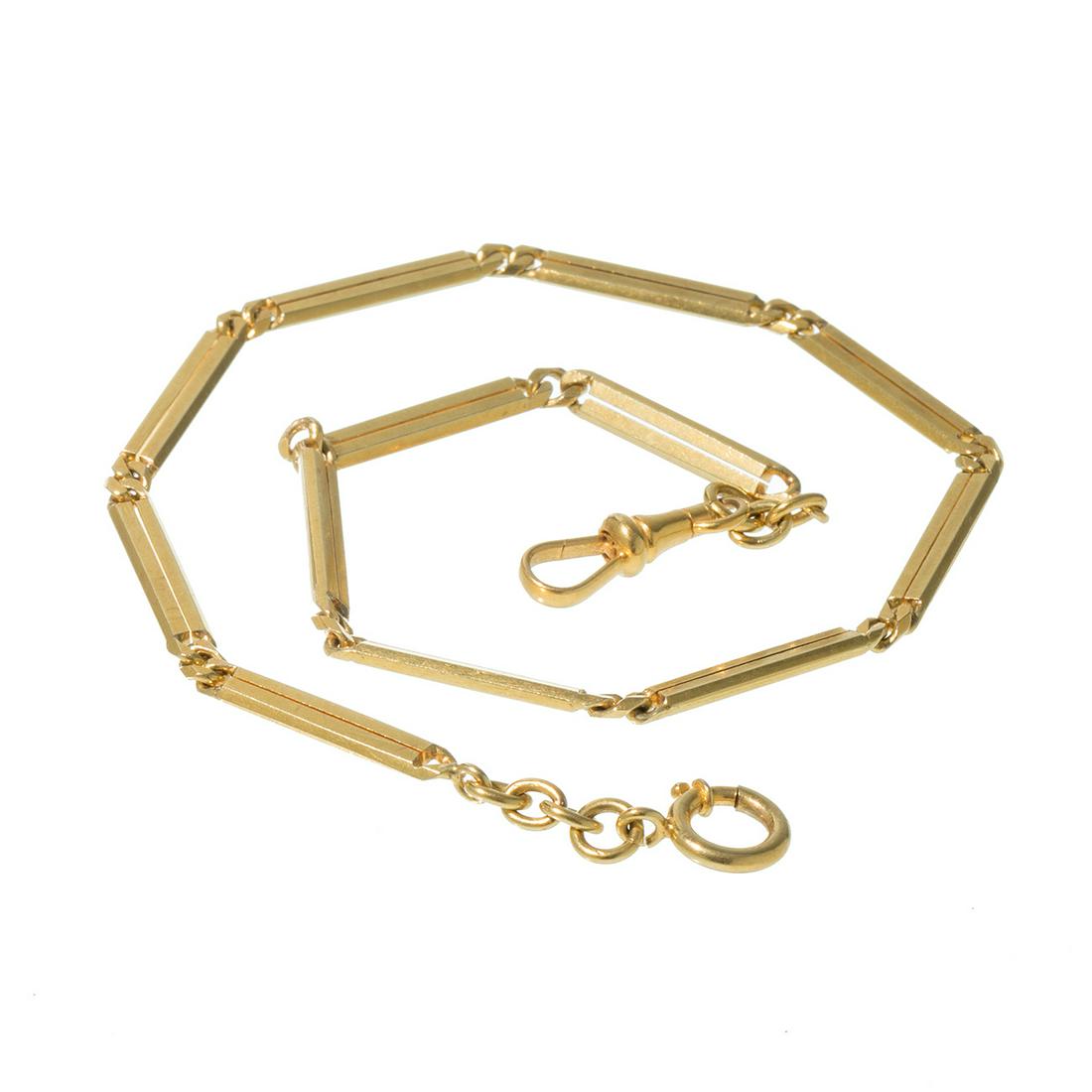 18kt yellow gold fob watch fob. Chain made up of rectangular bars joined together by links.  Weight: (1 of 2)