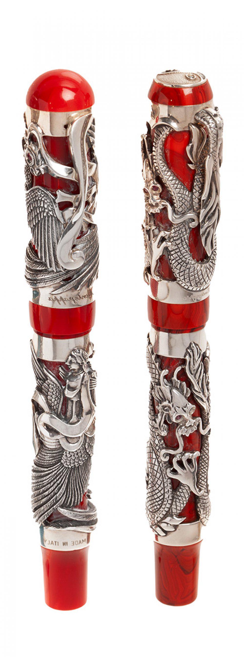 MONTEGRAPPA â€œBRUCE LEE DRAGÃ“Nâ€ FOUNTAIN PENS, LIMITED EDITION. Body in sterling silver and red (1 of 4)