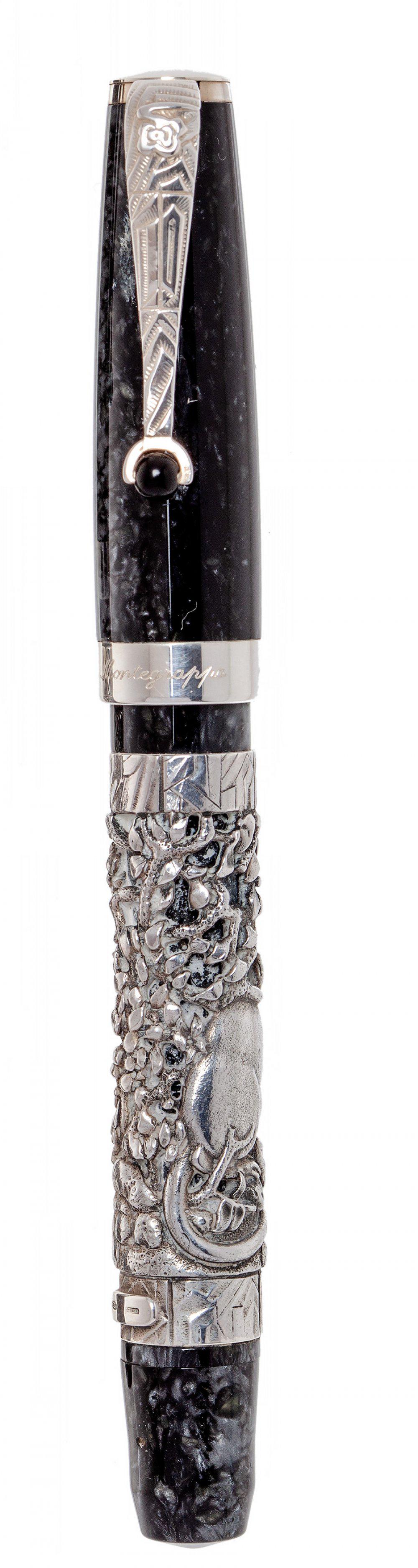 MONTEGRAPPA â€œZODIACâ€ FOUNTAIN PEN. Black resin body with silver case with Rat. Limited edition. (1 of 3)