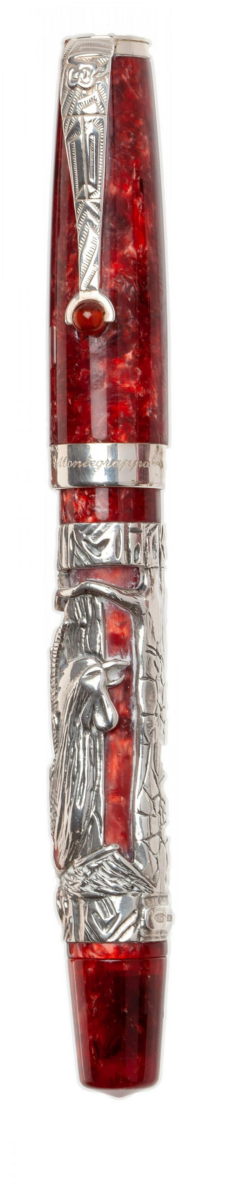 MONTEGRAPPA â€œZODIACâ€ FOUNTAIN PEN. Red resin body with silver case with Rooster. Limited (1 of 3)