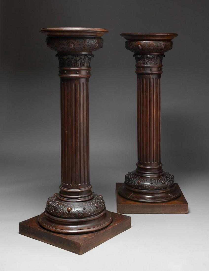 Pair of modernist pedestals, ca. 1900. Carved wood. (1 of 7)
