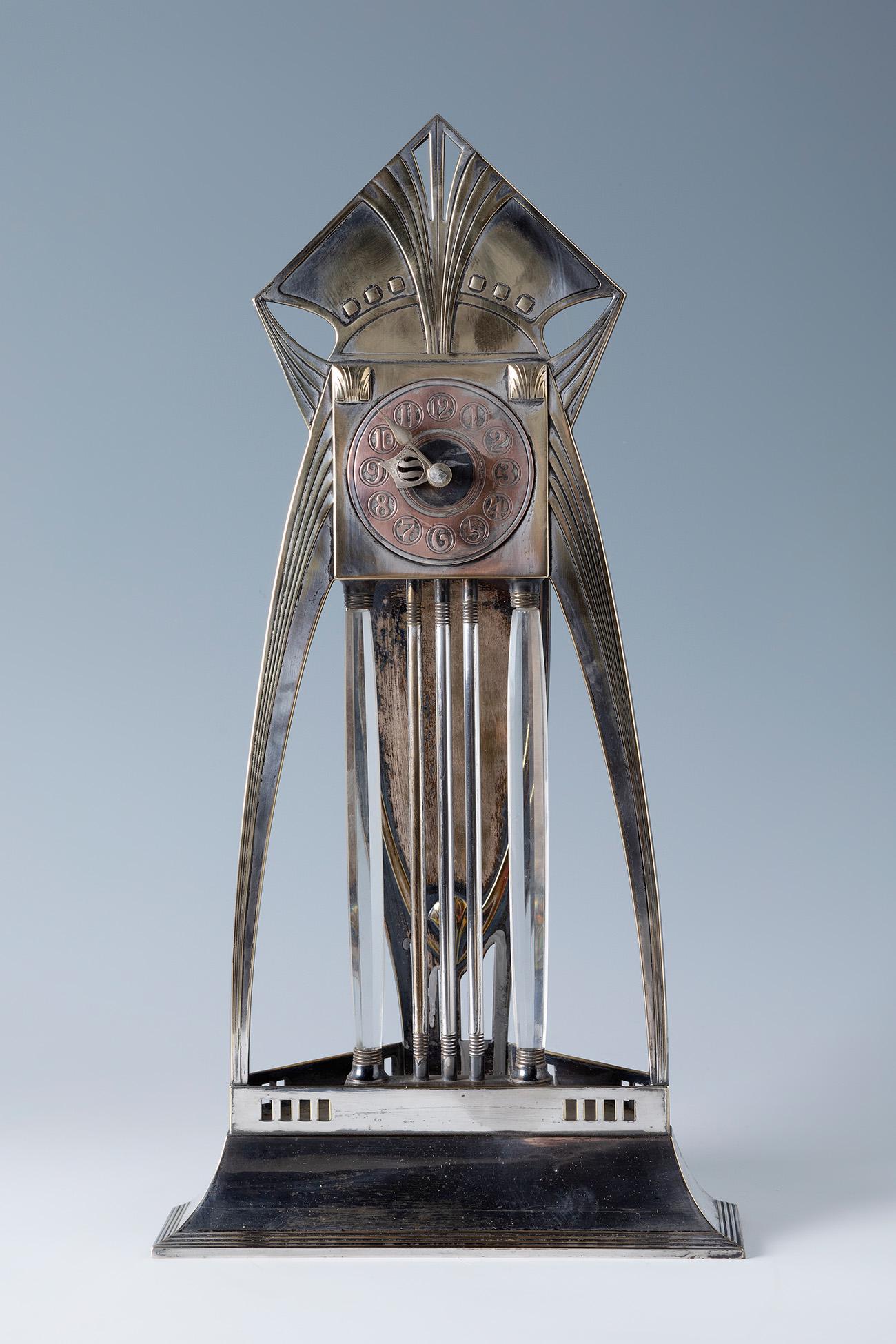 Jugendstil table clock, WMF. Germany, ca. 1905. Silver-plated tin-plated metal and glass. Table (1 of 6)