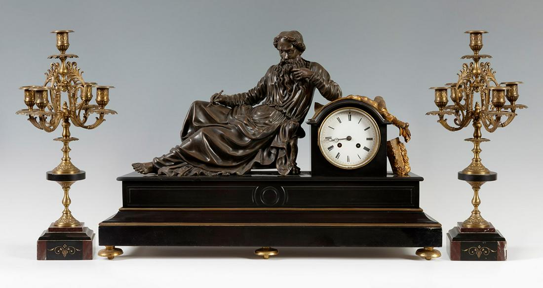 Clock and candlesticks. France, late 19th century.  Marble and bronze. (1 of 5)