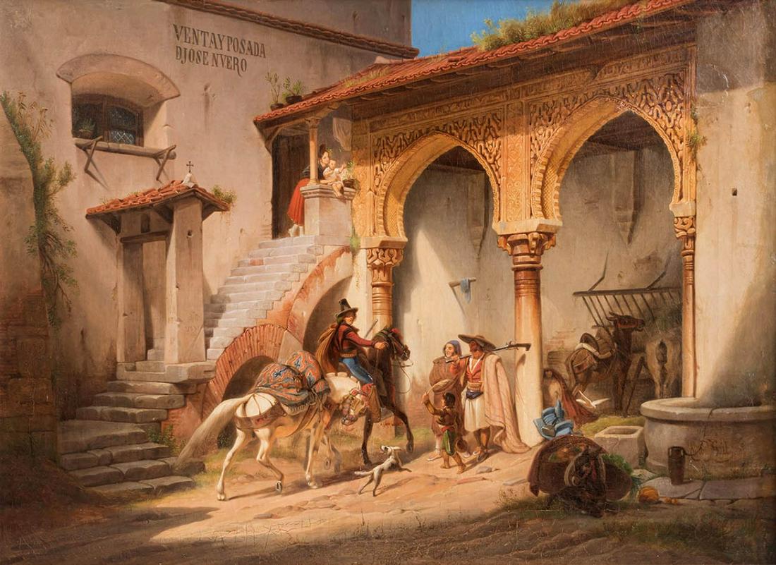 WILHELM GAIL (Munich, 1804-1890). â€œA stop at JosÃ© Nuero's innâ€, Andalusia, 1834. Oil on canvas.: WILHELM GAIL (Munich, 1804-1890). "A Stop at the Inn of JosÃ© Nuero", Andalusia, 1834. Oil on canvas. Re-coloured. Signed and dated in the lower right corner. Measurements: 50 x 65 cm; 75 x 90 cm (f
