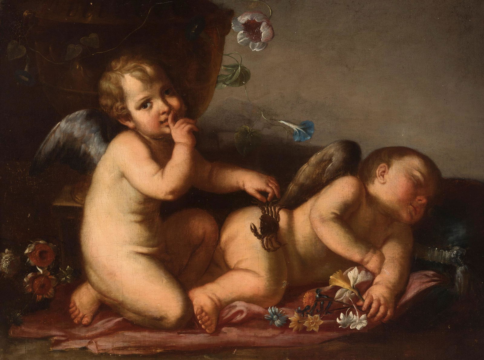 Italian school; Mid 18th century. "Allegory of the dream". Oil on canvas. relined, Has flaws in the (1 of 7)