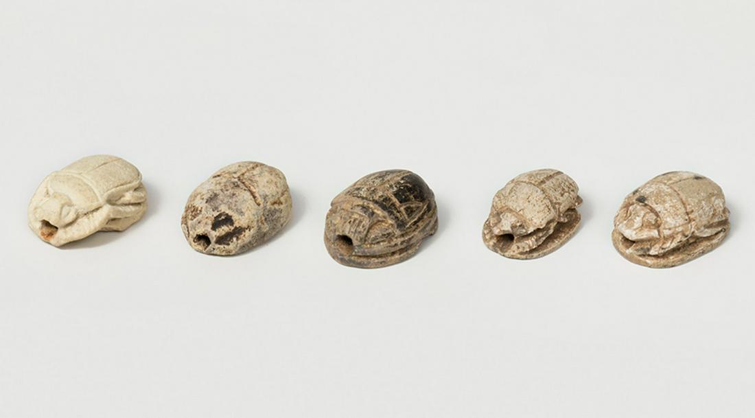 Set of five scarabs; Egypt, Second Intermediate Period - New Kingdom, 1800-1069. white soapstone. It (1 of 3)