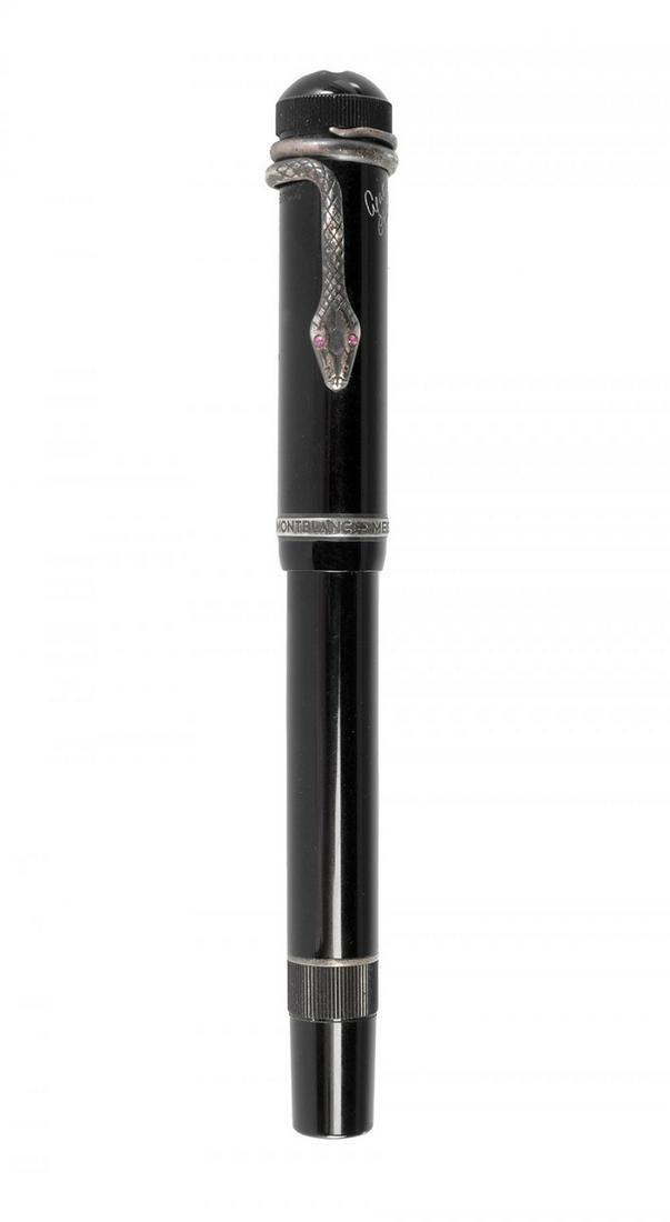 MONTBLANC Agatha Christie pen. Limited edition. Black resin barrel and cap inspired by a classic: MONTBLANC Agatha Christie pen. Limited edition. Black resin barrel and cap inspired by a classic 1920's pen. 18kt gold nib. Screw cap with 925 sterling silver snake, which alludes to the tension and m