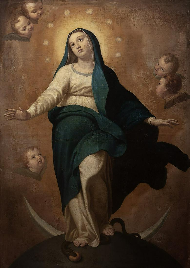 Circle by ANTON RAPHAEL MENGS (Aussig, Ãšsti nad Labem, Czech Republic, 1728-Rome, 1779) "Immaculate: Circle of ANTON RAPHAEL MENGS (Aussig, Ãšsti nad Labem, Czech Republic, 1728-Rome, 1779) "Immaculate Conception. Oil on canvas. Presents the original frame. Re-framed. Size: 135 x 96 cm; 158 x 117 c