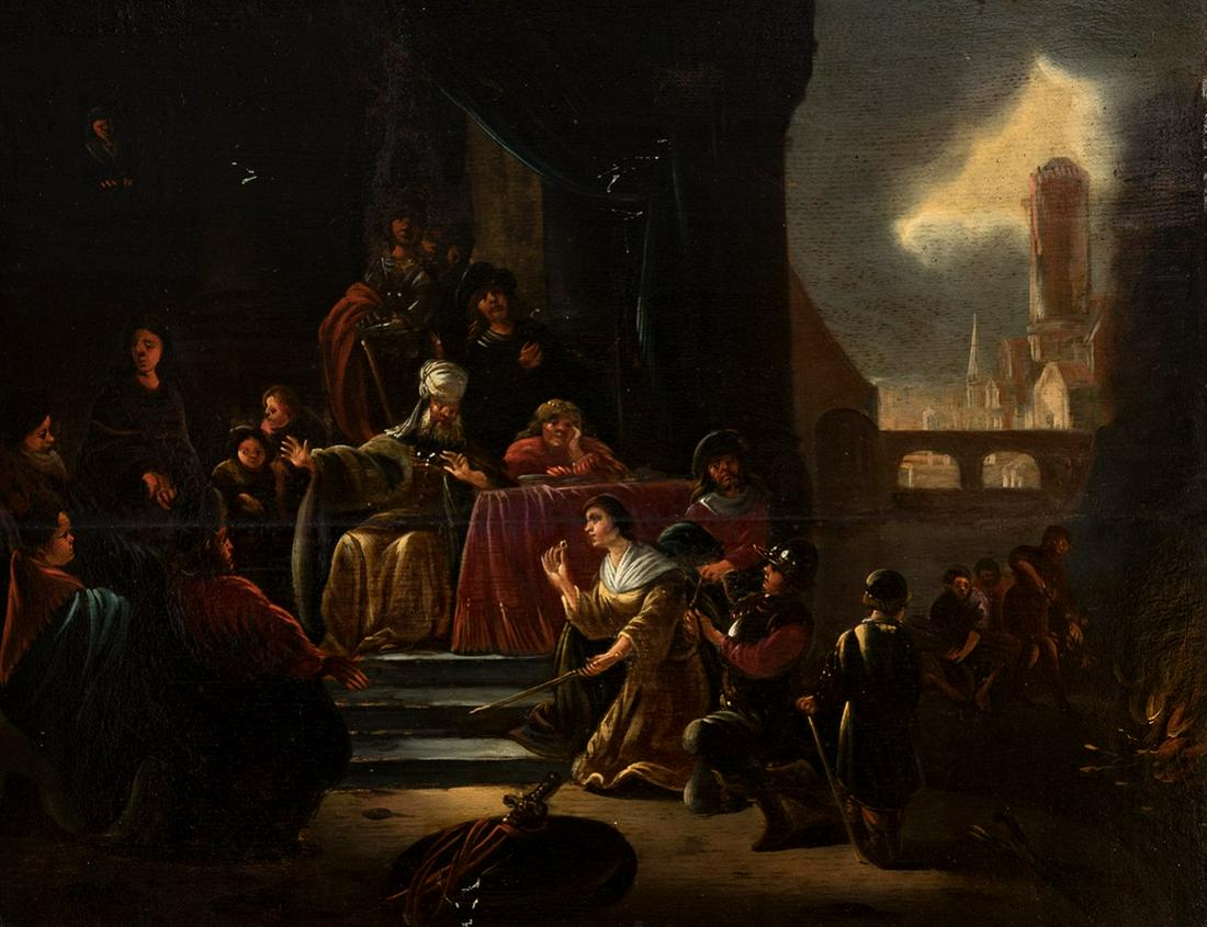 dutch school; XVII century. "Old Testament Scene" Oil on oak board. It presents consolidation in the: Dutch school; 17th century. "Scene from the Old Testament". Oil on oak panel. There is consolidation at the opening of the panel. It has faults and repainting. It conserves an ebonised wooden frame fr