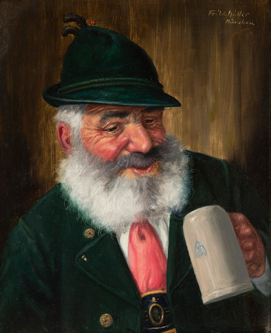 FRITZ MULLER (Germany, 19th-20th century). "Beer drinker". Munich. Oil on tÃ¡blex. Signed and: FRITZ MULLER (Germany, 19th-20th century). "Beer drinker". Munich. Oil on tÃ¡blex. Signed and located in the upper corner. Provenance: Christie's (1993). Measurements: 30 x 24 cm; 44,5 x 39,5 cm (fr