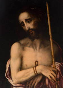 Workshop of LUIS DE MORALES (Badajoz, 1509 - Alcántara, 1586). "Ecce Homo", ca.1570. Oil on panel.: Workshop of LUIS DE MORALES (Badajoz, 1509 - Alcántara, 1586). "Ecce Homo", ca.1570. Oil on panel. Andalusian frame from the 18th century. It shows damage to the polychromy, losses and restorations