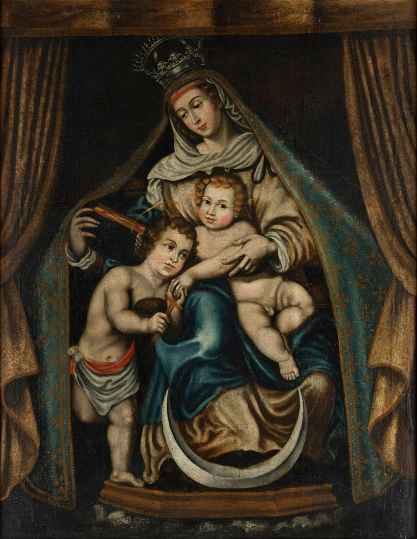Spanish or viceroyal Mexican school, XVIII century. "Virgin crowned with Child and San Juanito". (1 of 6)