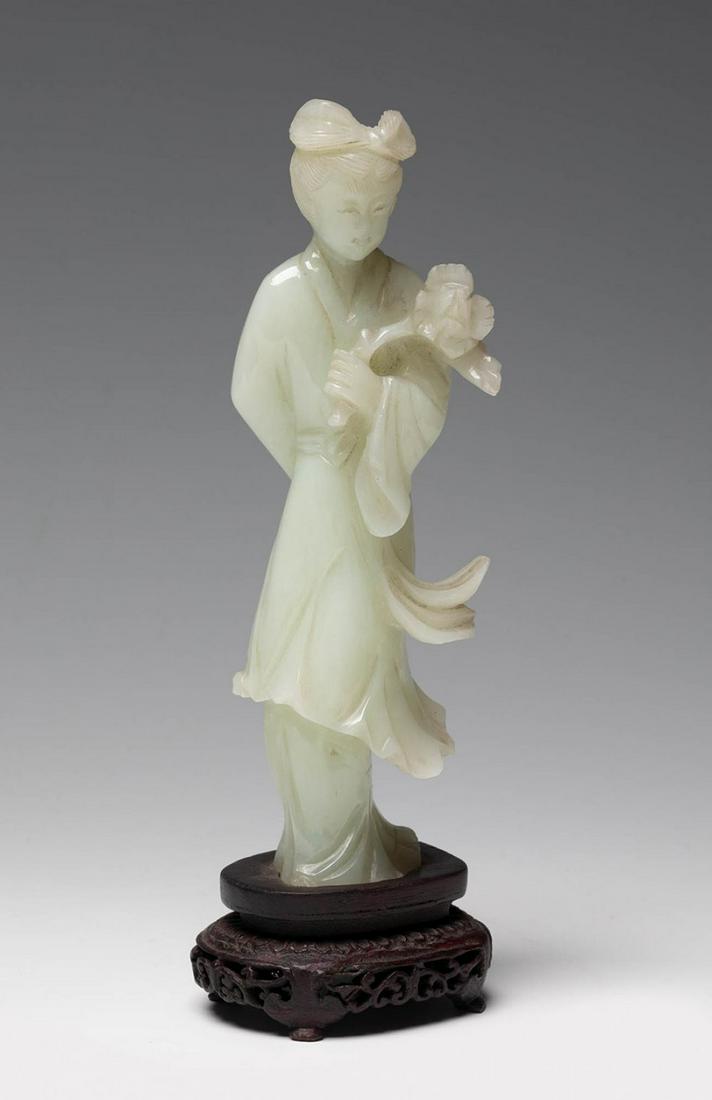 Geisha. China, 20th century. Green jade. Wooden base. (1 of 3)