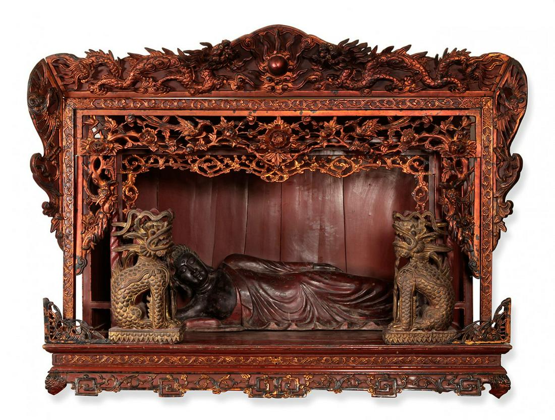 Altar of Reclining Buddha; Vietnam, Son La province, 18th century. Carved, lacquered and gilded (1 of 7)