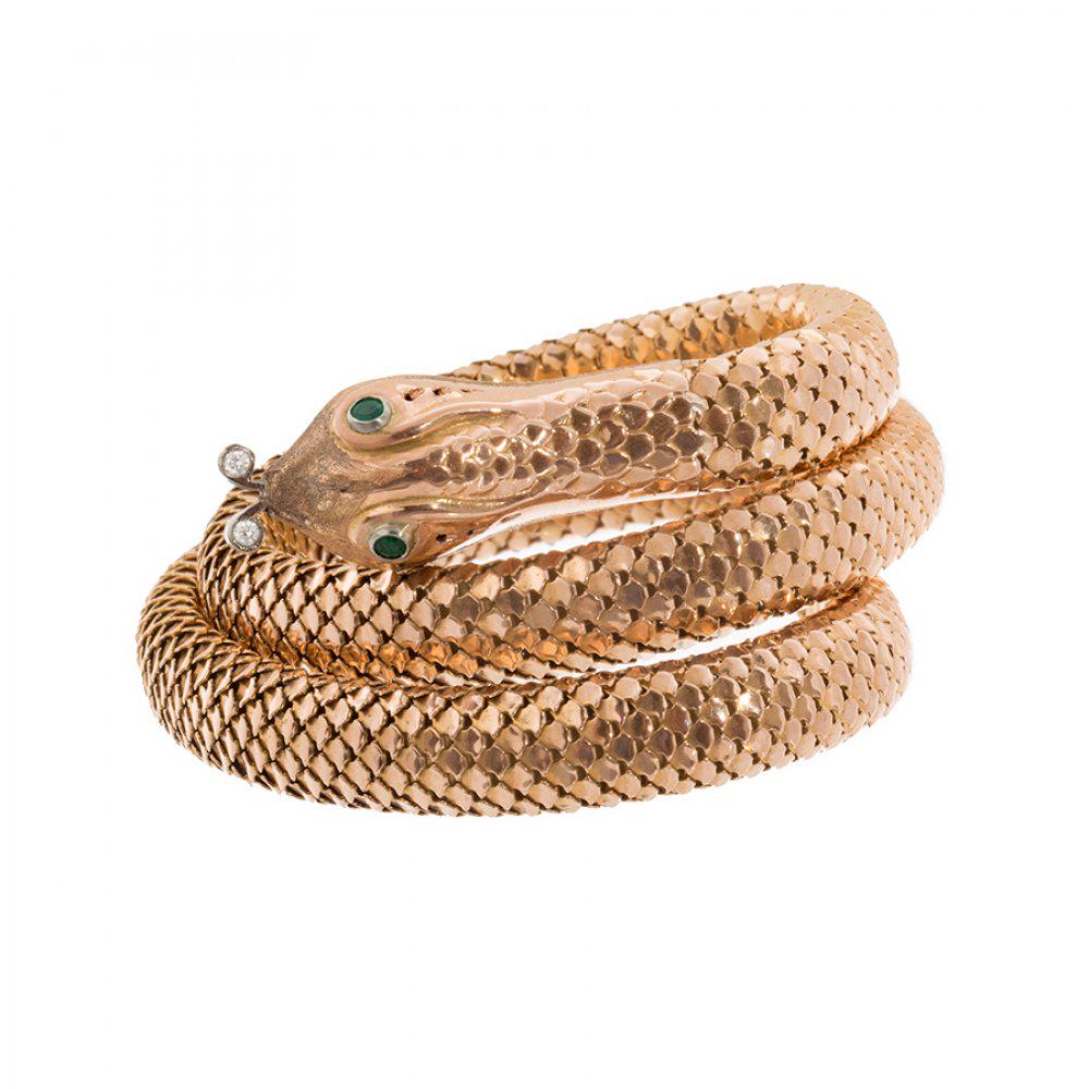 Art Deco snake-shaped bracelet, 1940s. In 18k rose gold. It is moldable to fit the wrist or forearm. (1 of 4)