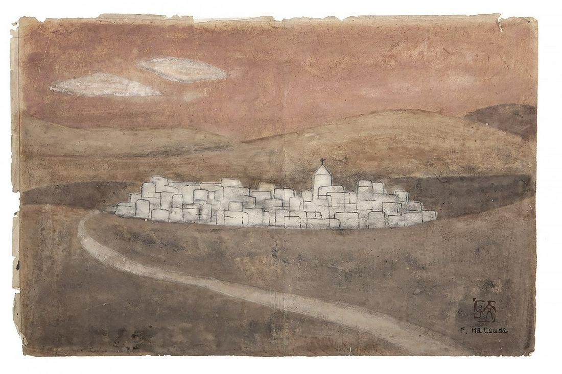 FUMIKO MATSUDA (Japanese, 1908-1971). "Landscape with houses". Mixed technique on paper. Signed in (1 of 3)