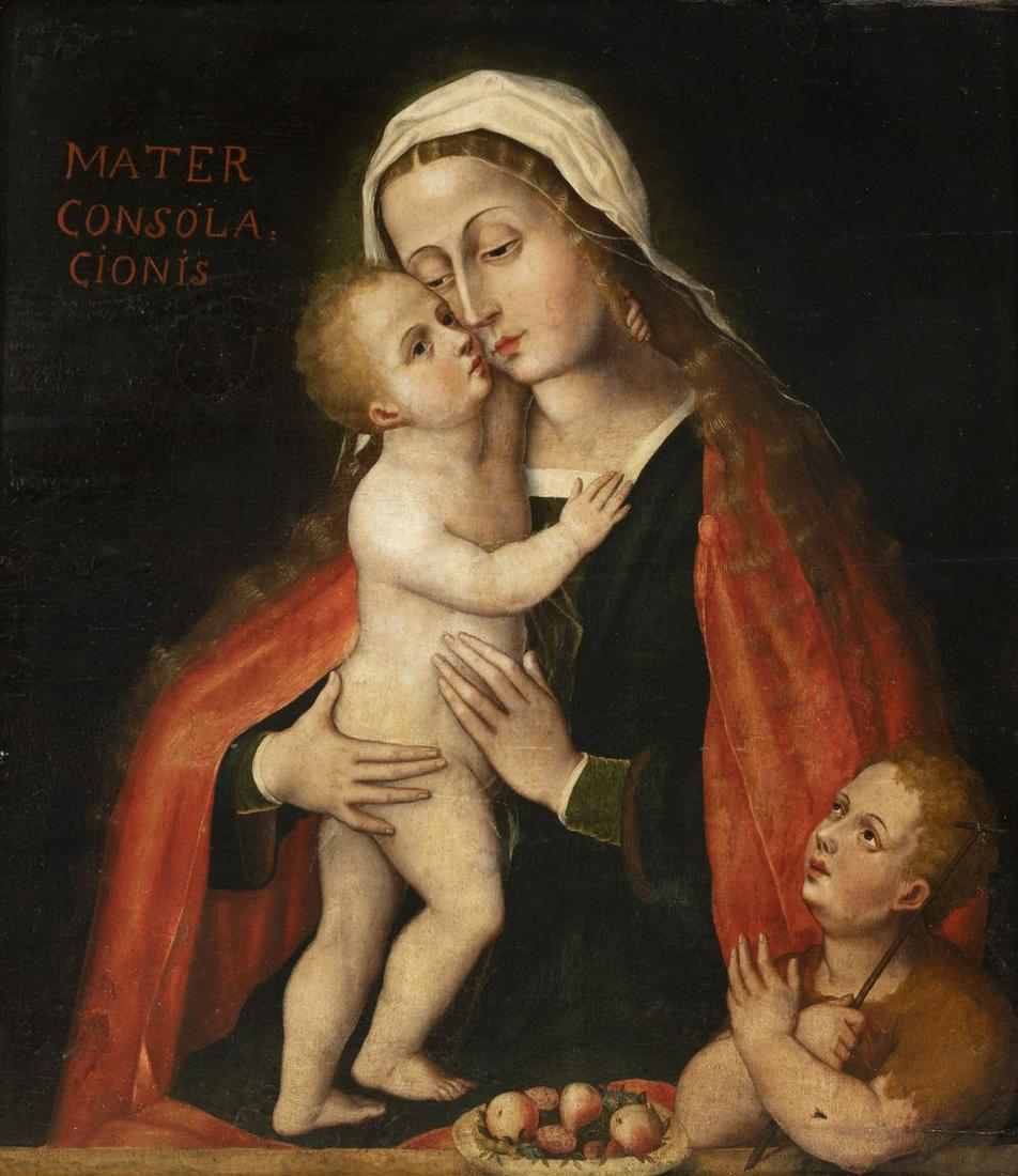 Follower of AMBROSIUS BENSON (Lombardy?, ca.1490-1500 - Bruges, 1550), 16th century. "Madonna and: Follower of AMBROSIUS BENSON (Lombardy?, ca.1490-1500 - Bruges, 1550), 16th century. "Madonna and Child with Saint John Child. Oil on panel. Size: 78 x 69 cm; 100 x 89 cm (frame). The present painting