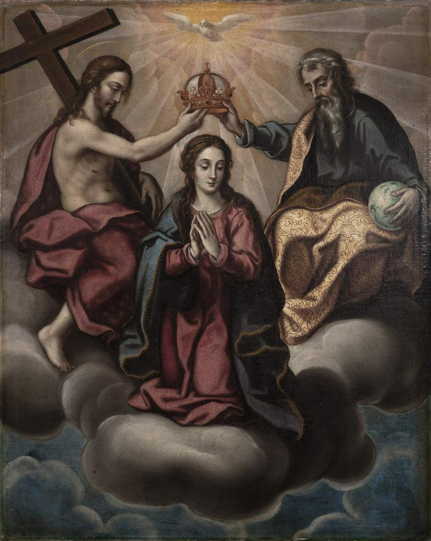 Mexican school seventeenth century. "Coronation of the Virgin". Oil on canvas. (1 of 7)