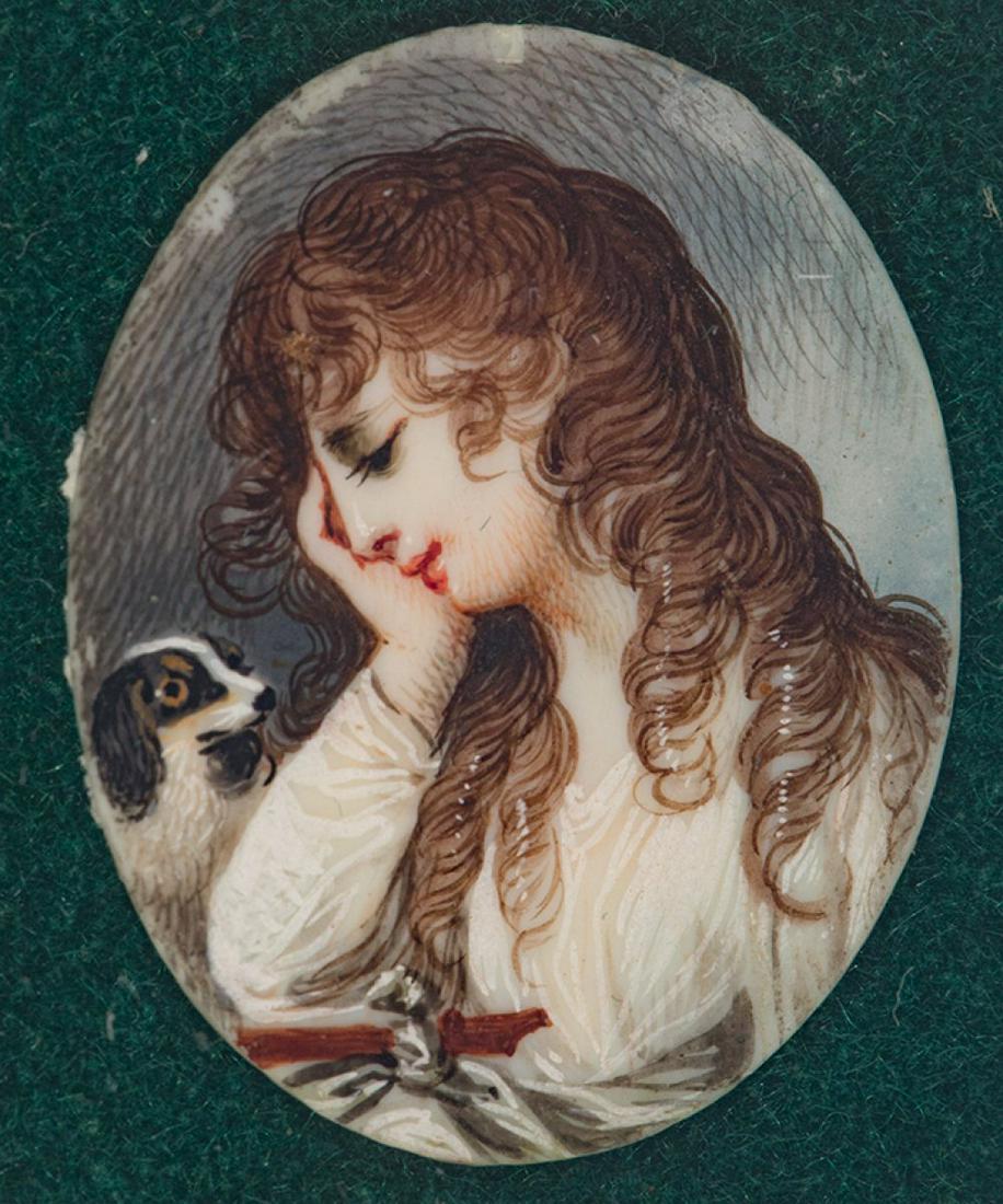 English school of ca. 1800. "Portrait of lady with dog".  Gouache on vellum. Bronze frame. Presents (1 of 2)