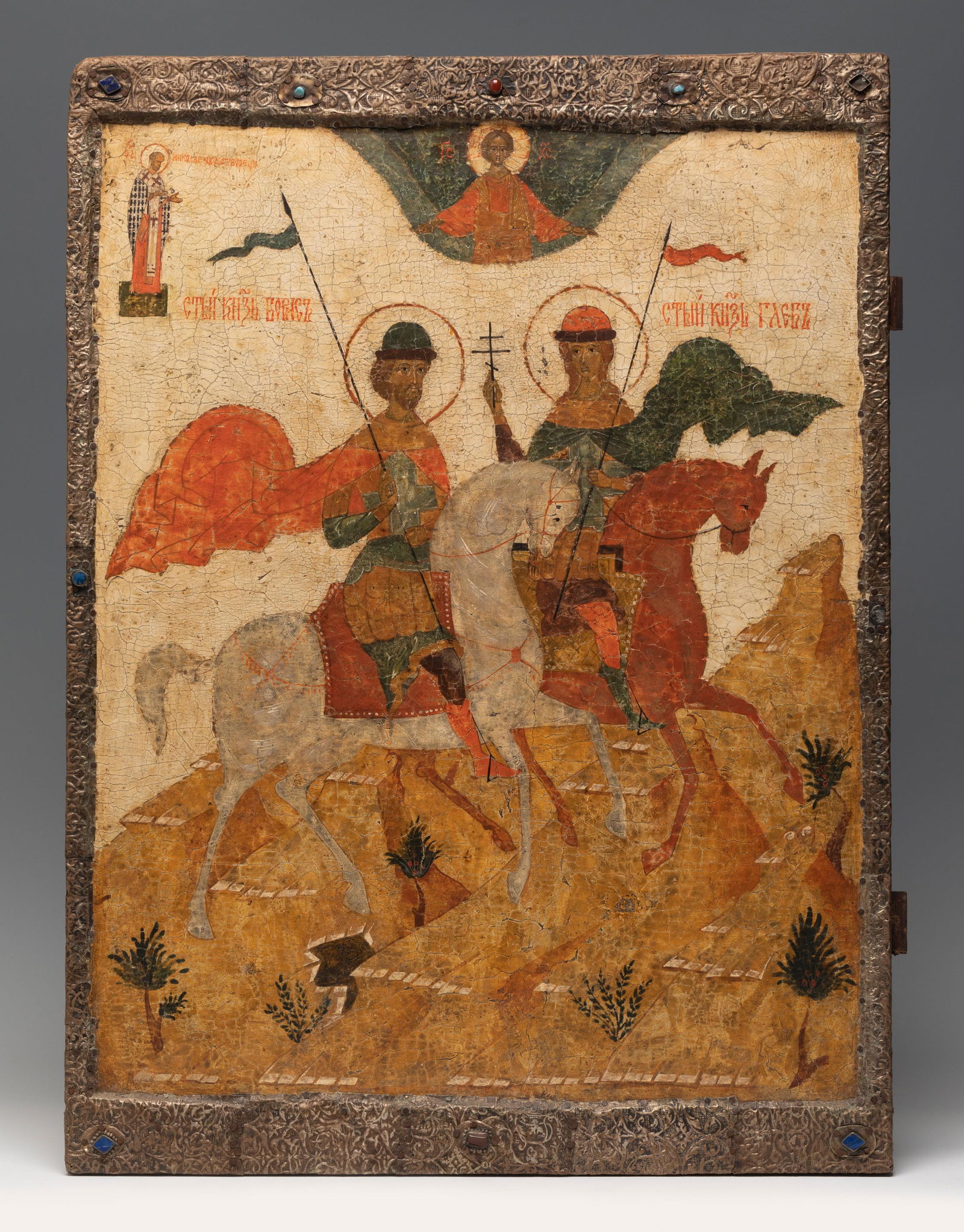 Russian icon of the Novgorod School, 19th century. "Holy Martyrs Boris and Gleb". Tempera on panel. (1 of 6)