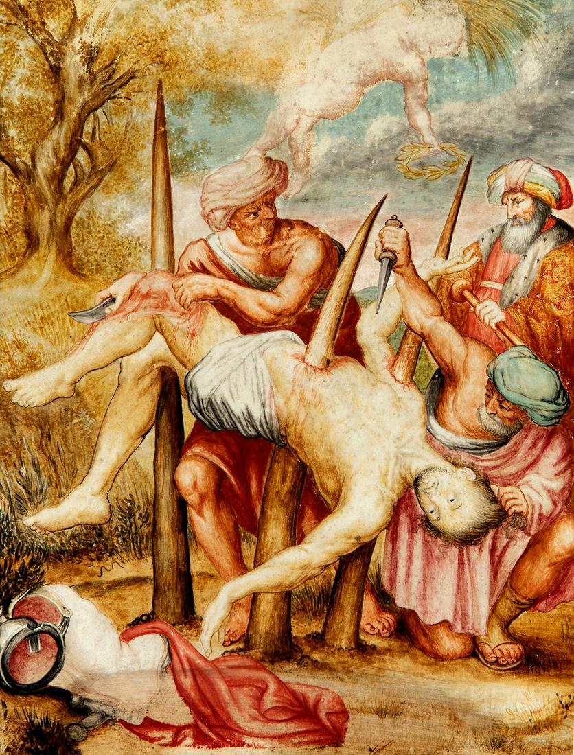 17th century Spanish school. "Martyrdom of Saint".  Ink and gouache on vellum. (1 of 6)