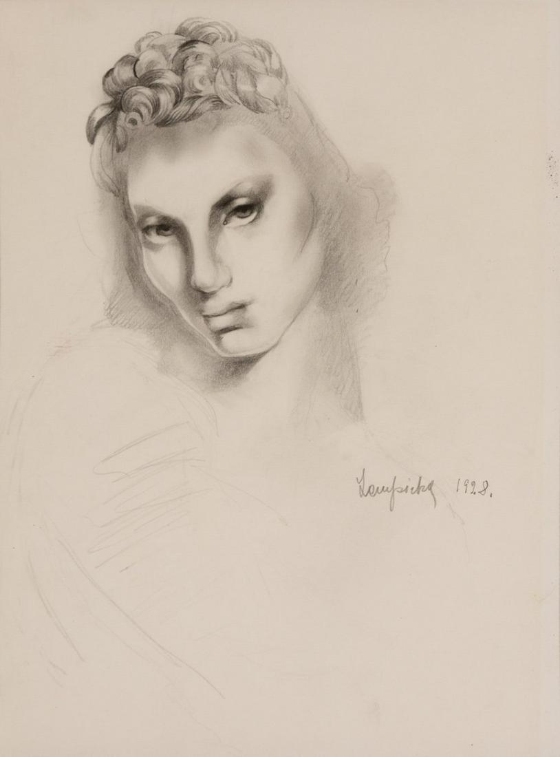 TAMARA DE LEMPICKA (Warsaw, Poland, 1898 - Cuernavaca, Mexico, 1980) "Tete de femme" Pencil on: TAMARA DE LEMPICKA (Warsaw, Poland, 1898 - Cuernavaca, Mexico, 1980) "TÃªte de femme Pencil on paper. Signed and dated: 'Lempicka 1928' in the bottom right corner. 30 x 23 cm; 85 x 78 cm (frame). Pr