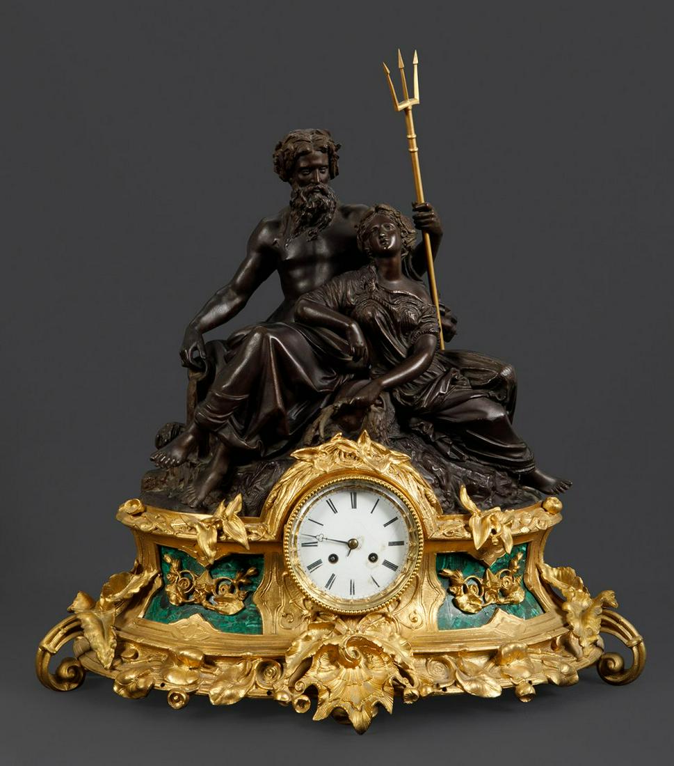 Table clock, late 19th century. Gilt and patinated calamine, malachite. Cracks in the enamel of the (1 of 6)
