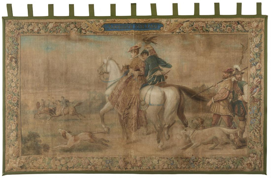 German tapestry, late 19th century. "Hunting scene" 1888.  Hand painted. Machine-woven. Signed (1 of 7)