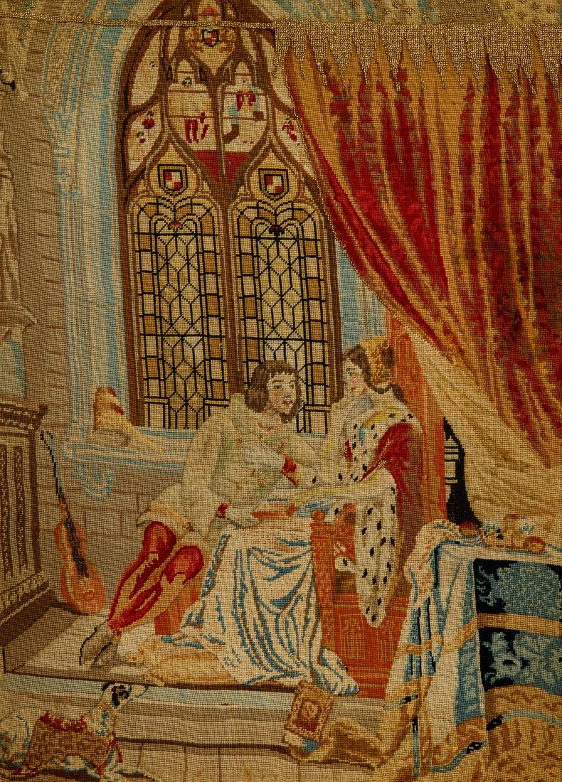 French-style tapestry, late 19th century. "Gallant scene". Machine-woven.  Framed.  Marks of use. (1 of 3)