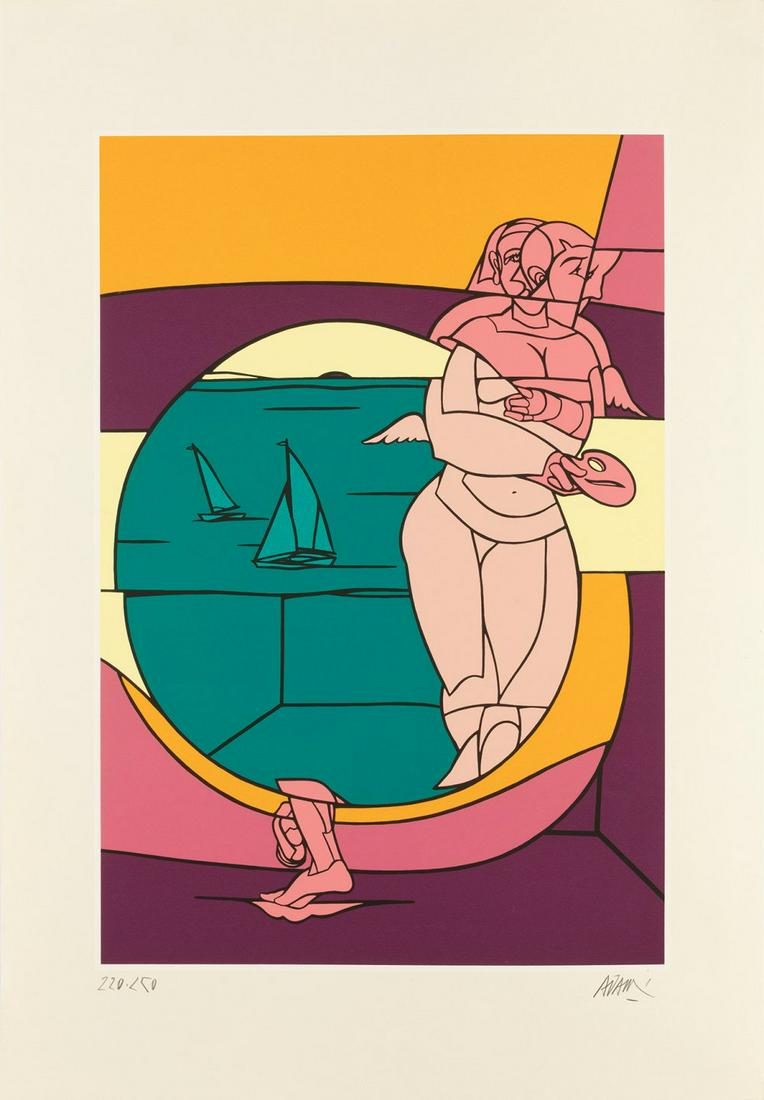 VALERIO ADAMI (Bologna, Italy, 1935). Untitled, 1992, from the series "Olympic Suite". Silkscreen on: VALERIO ADAMI (Bologna, Italy, 1935). Untitled, 1992, from the series "Olympic Suite". Silkscreen on 270 grams VÃ©lin d'Arches paper, copy 220/250. Signed and justified by hand. Size: 90 x 63 cm. Th