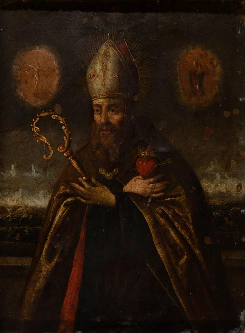 Spanish school of the 17th century.  "St. Augustine of Hippo".  Oil on copper with wooden stretcher (1 of 4)