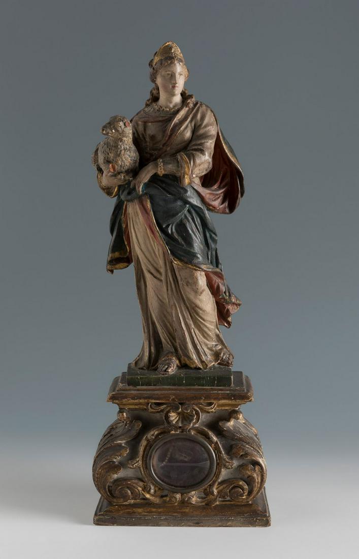 Spanish or Italian school of the 18th century.  "Saint Agnes". Carved and polychrome wood. The base (1 of 4)