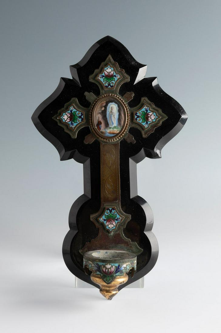 19th century French Holy water stoup. Hand-painted ceramic medallion. Black onyx support, enamel (1 of 5)