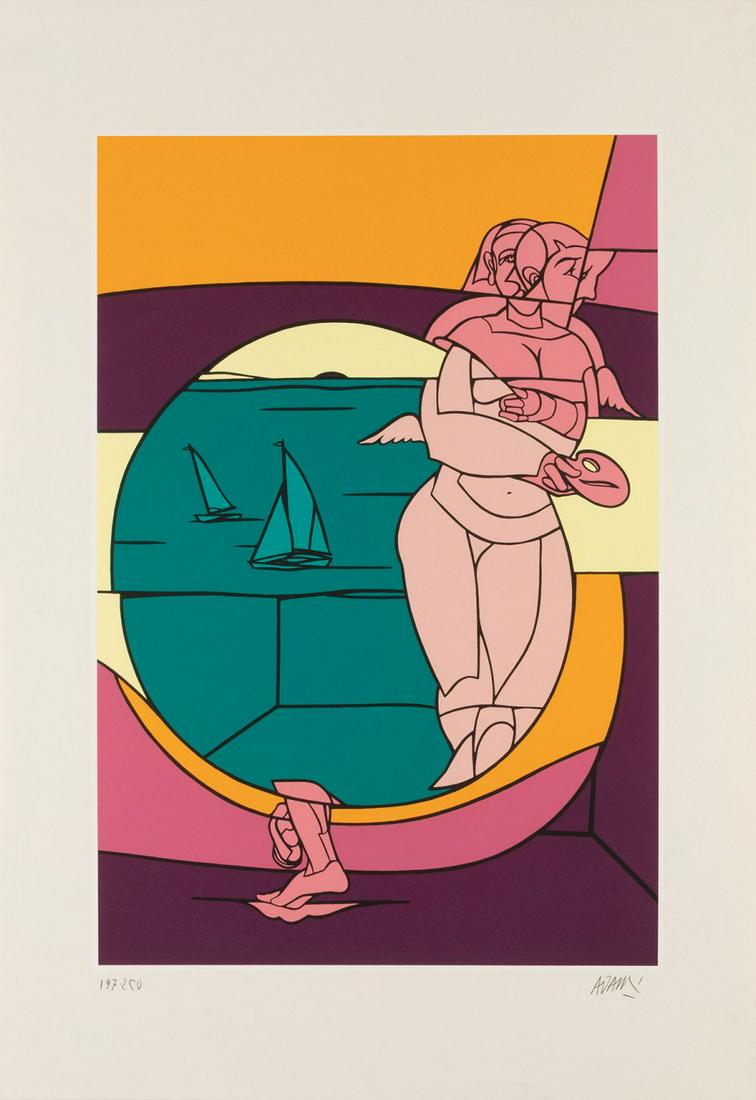 VALERIO ADAMI (Bologna, Italy, 1935). Untitled, 1992, from the series "Olympic Suite". Silkscreen on: VALERIO ADAMI (Bologna, Italy, 1935). Untitled, 1992, from the series "Olympic Suite". Silkscreen on 270 grams VÃ©lin d'Arches paper, copy 197/250. Signed and justified by hand. Size: 90 x 63 cm. Th