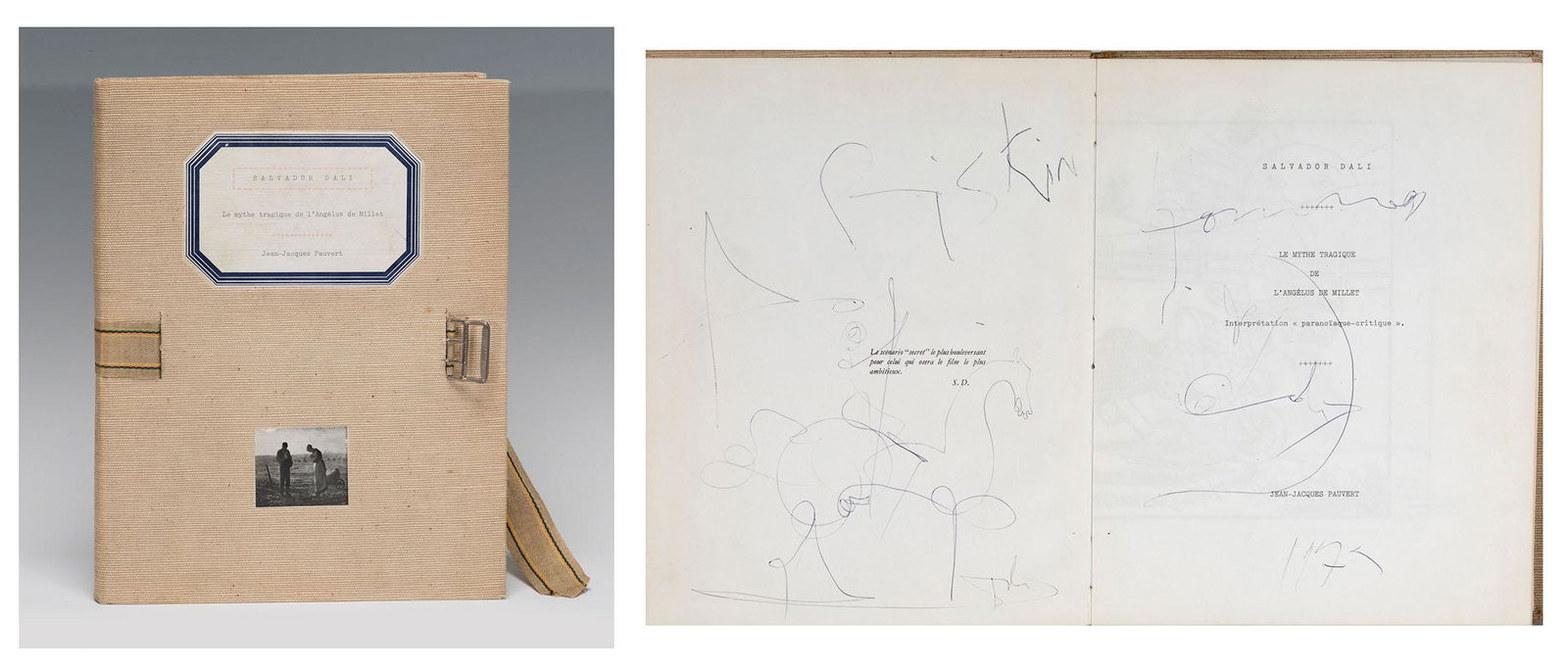 SALVADOR DALÃ I DOMÃˆNECH (Figueres, Girona, 1904 - 1989). Untitled. Biros drawing on the cover of: SALVADOR DALÃ I DOMÃˆNECH (Figueres, Girona, 1904 - 1989). Untitled. Biros drawing on the cover of the book "Salvador DalÃ­. Le mythe tragique de l'AngÃ©lus de Millet". Double-page spread. Sign