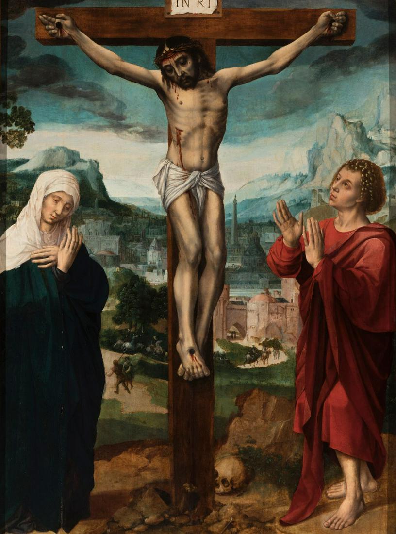 Attributed to AMBROSIUS BENSON (Lombardy, active in Bruges from 1518 â€“ Bruges, 1550) and workshop.: Attributed to AMBROSIUS BENSON (Lombardy, active in Bruges from 1518 - Bruges, 1550) and workshop. "Calvary". Oil on oak panel. Engatillada. Attached pigment analysis. It has an export permit. It pres