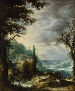 Attributed to FRANCISCO COLLANTES (Madrid, around 1599 - 1656). "Landscape with ruins". Oil on: Attributed to FRANCISCO COLLANTES (Madrid, around 1599 - 1656). "Landscape with ruins". Oil on canvas. Re-coloured. Label on the back with old attribution to Roelandt Savery. It presents light repaint