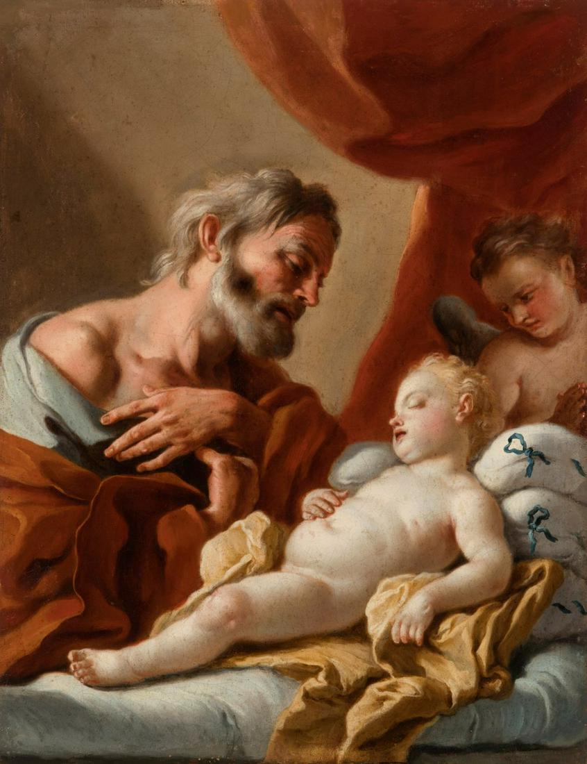 Attributed to FRANCESCO DE MURA (Naples 1696 â€“1782). "Saint Joseph with the Child". Oil on canvas.: Attributed to FRANCESCO DE MURA (Naples 1696 -1782). "Saint Joseph with Child. Oil on canvas. Re-coloured. Measurements: 76,5 x 60,5 cm. Image of devotional character whose protagonists are Saint Jose