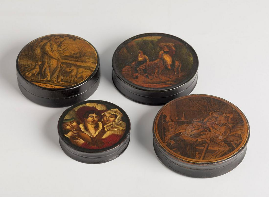 Set of four tobacco boxes of the 19th century.  Paper mache and lacquered. (1 of 4)