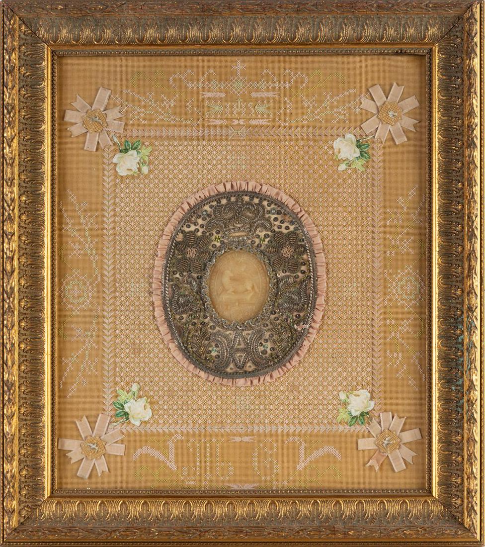 Reliquary of the late 19th century-early 20th century.  Wax medallion, gold and silver thread and (1 of 3)